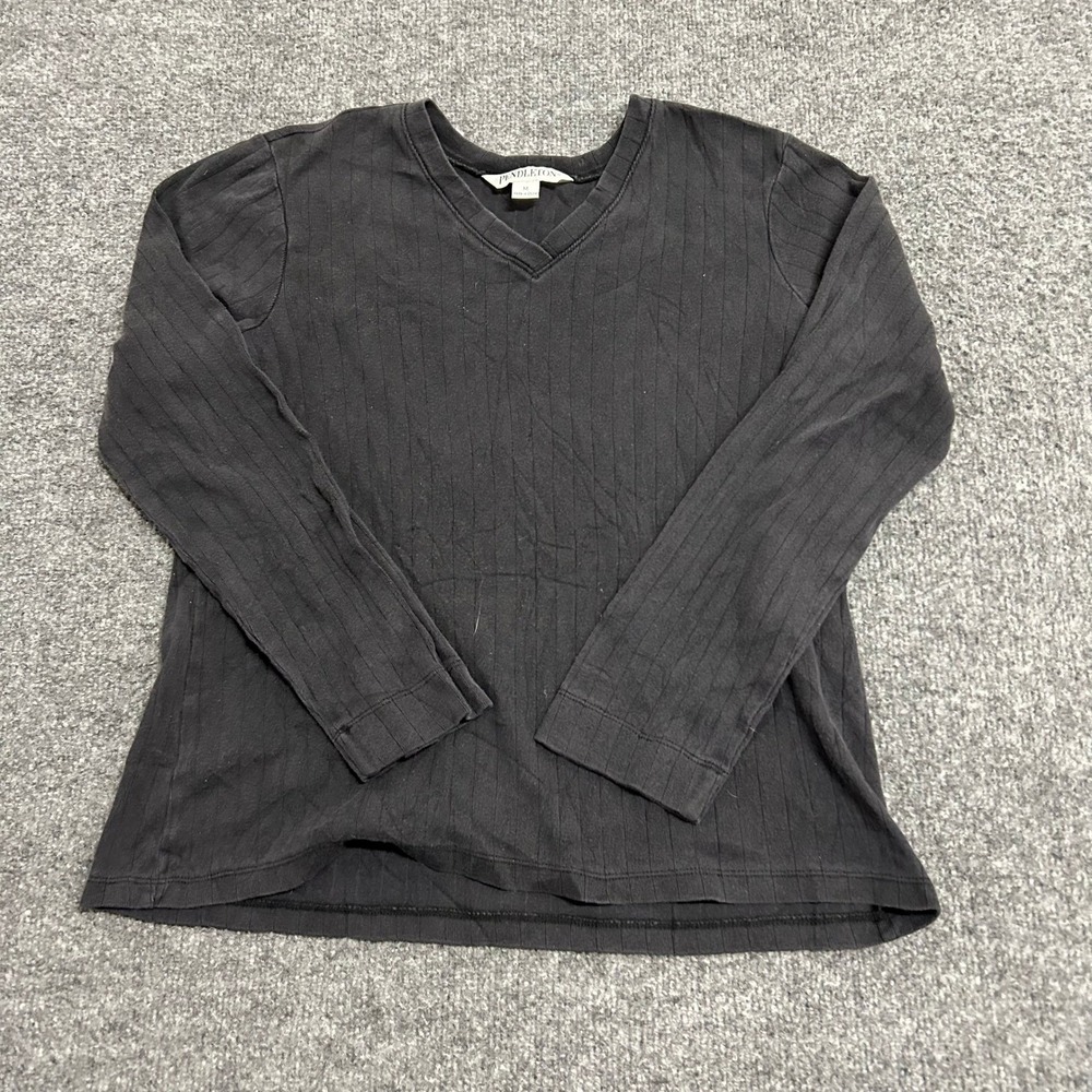 Pendleton Shirt Womens Size M Black Ribbed Cotton Long Sleeve V-Neck Casual Top